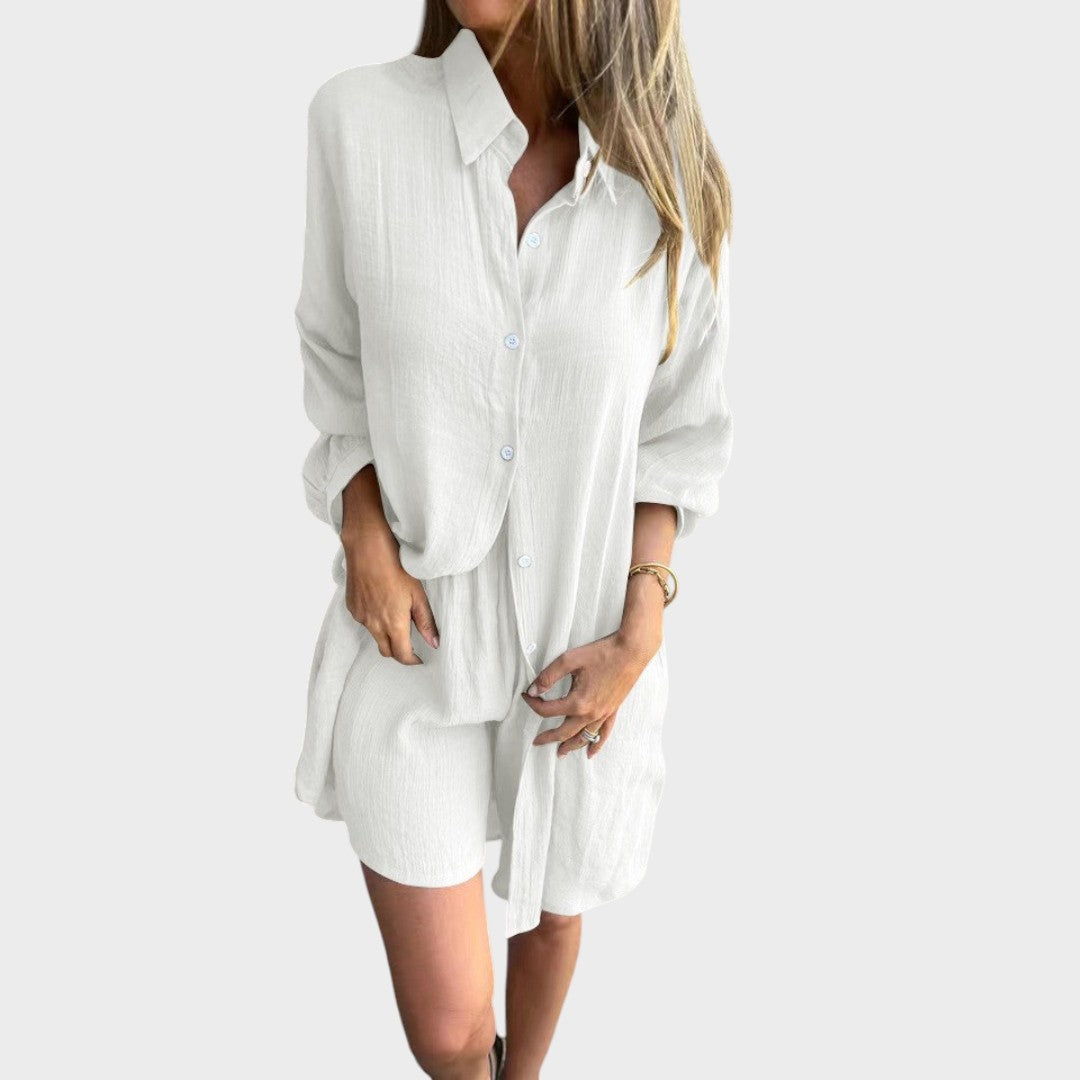 VELLORÉ | Conjunto de camisa y pantalones cortos de lino Nora — Estilo veraniego sin esfuerzo (SOLO HOY 3X2)