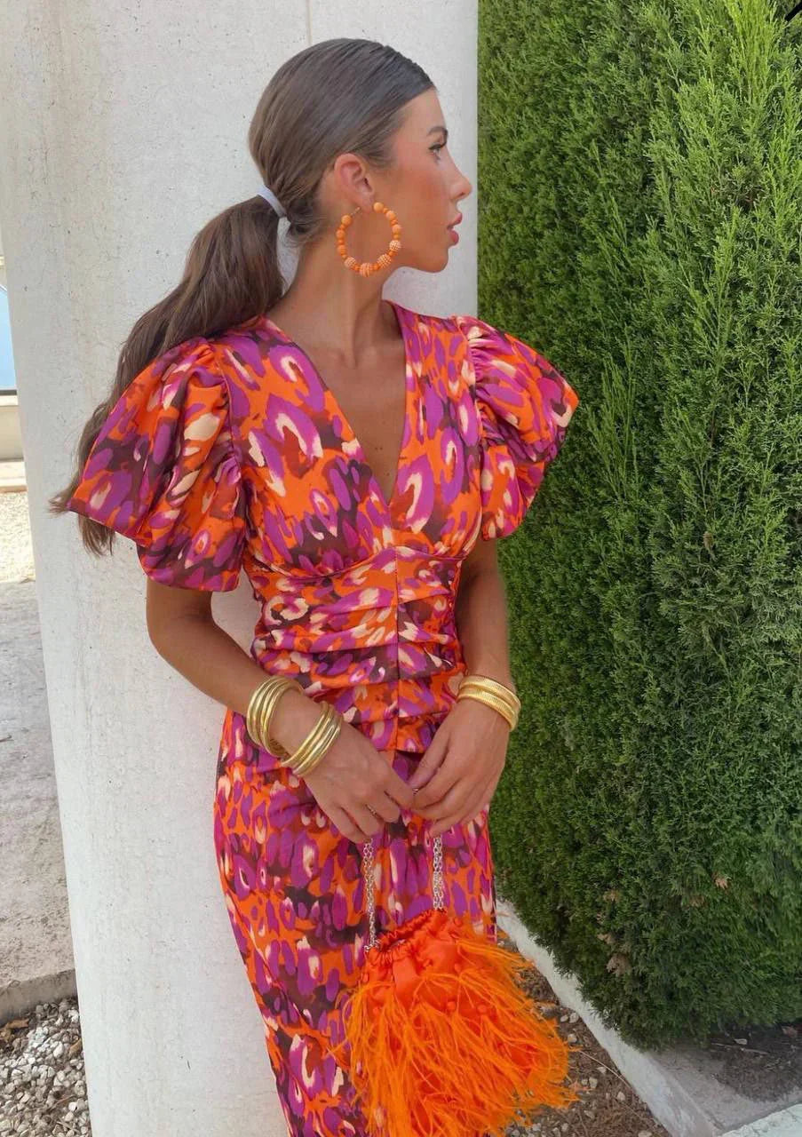 VELLORÉ | Loren - Vestido midi vibrante con mangas abullonadas