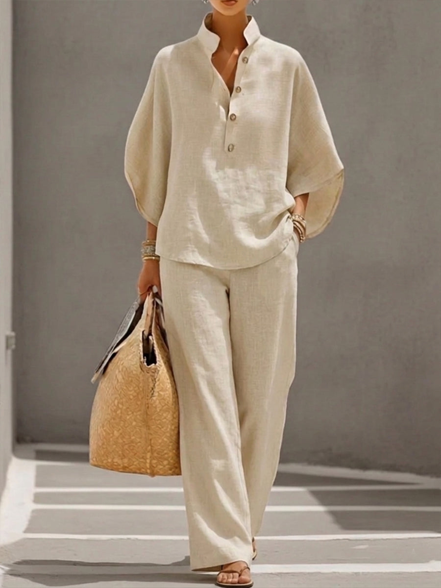 VELLORÉ | Conjunto de algodón y lino con mangas tipo murciélago y pantalón ancho