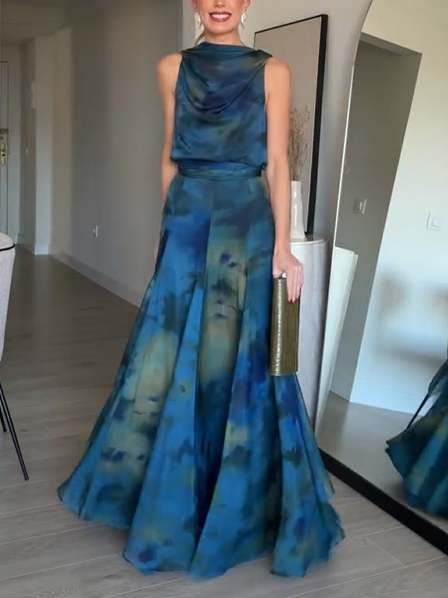 VELLORÉ | Conjunto de dos piezas: blusa de estampado artístico y falda maxi con estilo