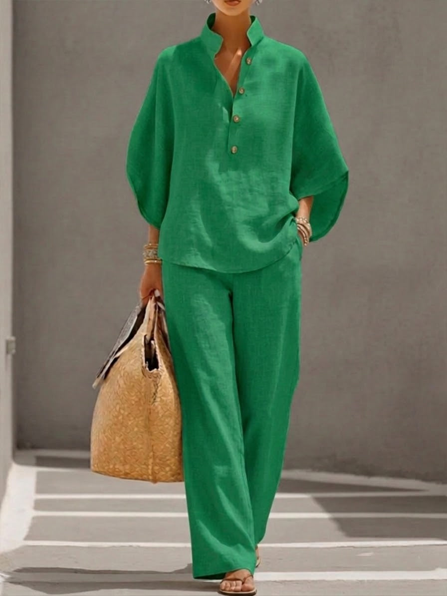 VELLORÉ | Conjunto de algodón y lino con mangas tipo murciélago y pantalón ancho