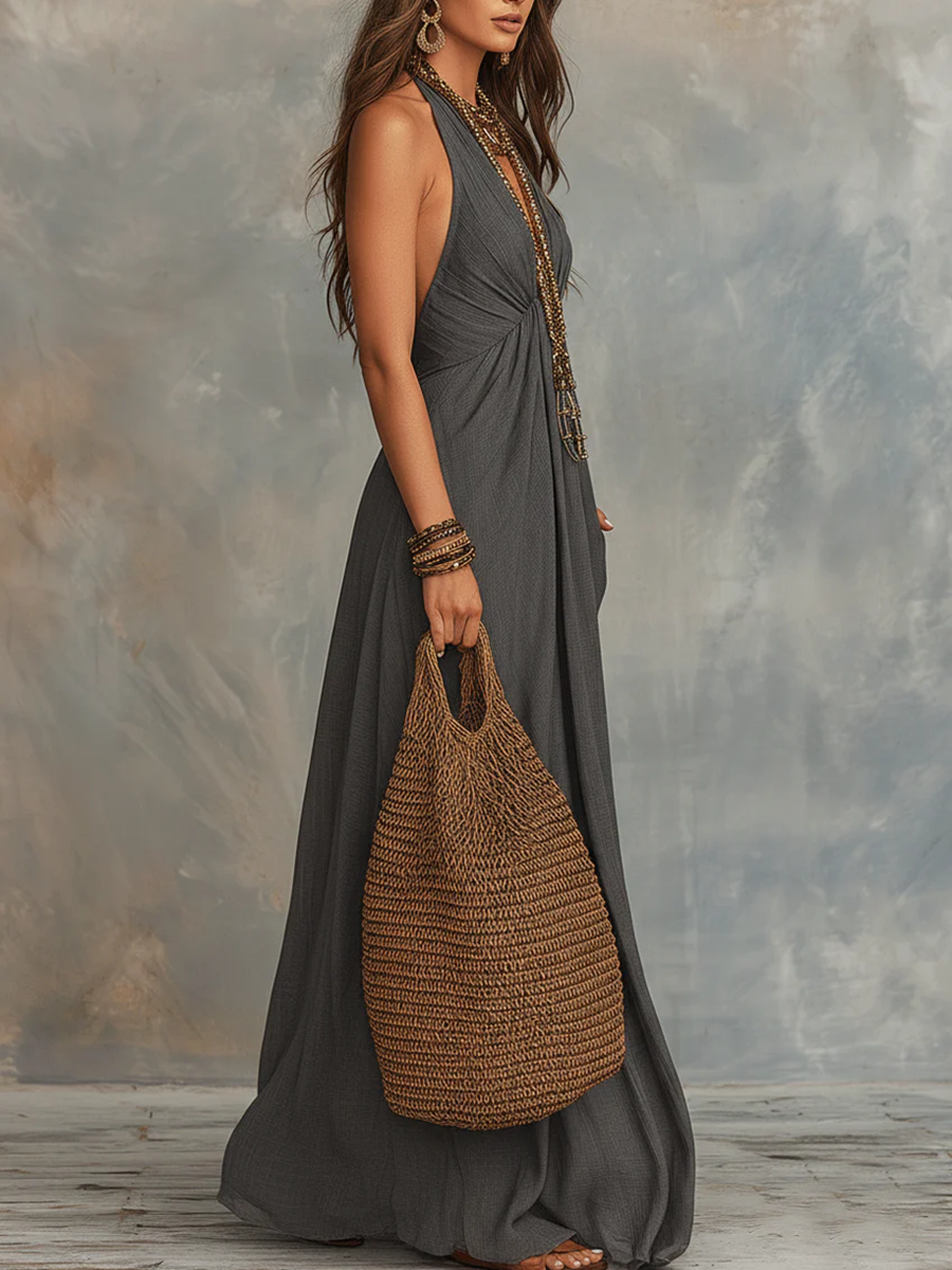 VELLORÉ | Vestido maxi de algodón-lino con cuello halter, elegante y minimalista
