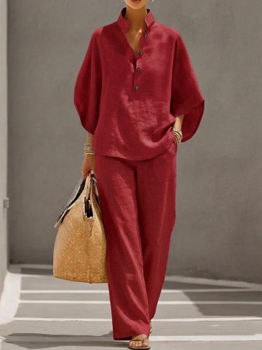 VELLORÉ | Conjunto de algodón y lino con mangas tipo murciélago y pantalón ancho