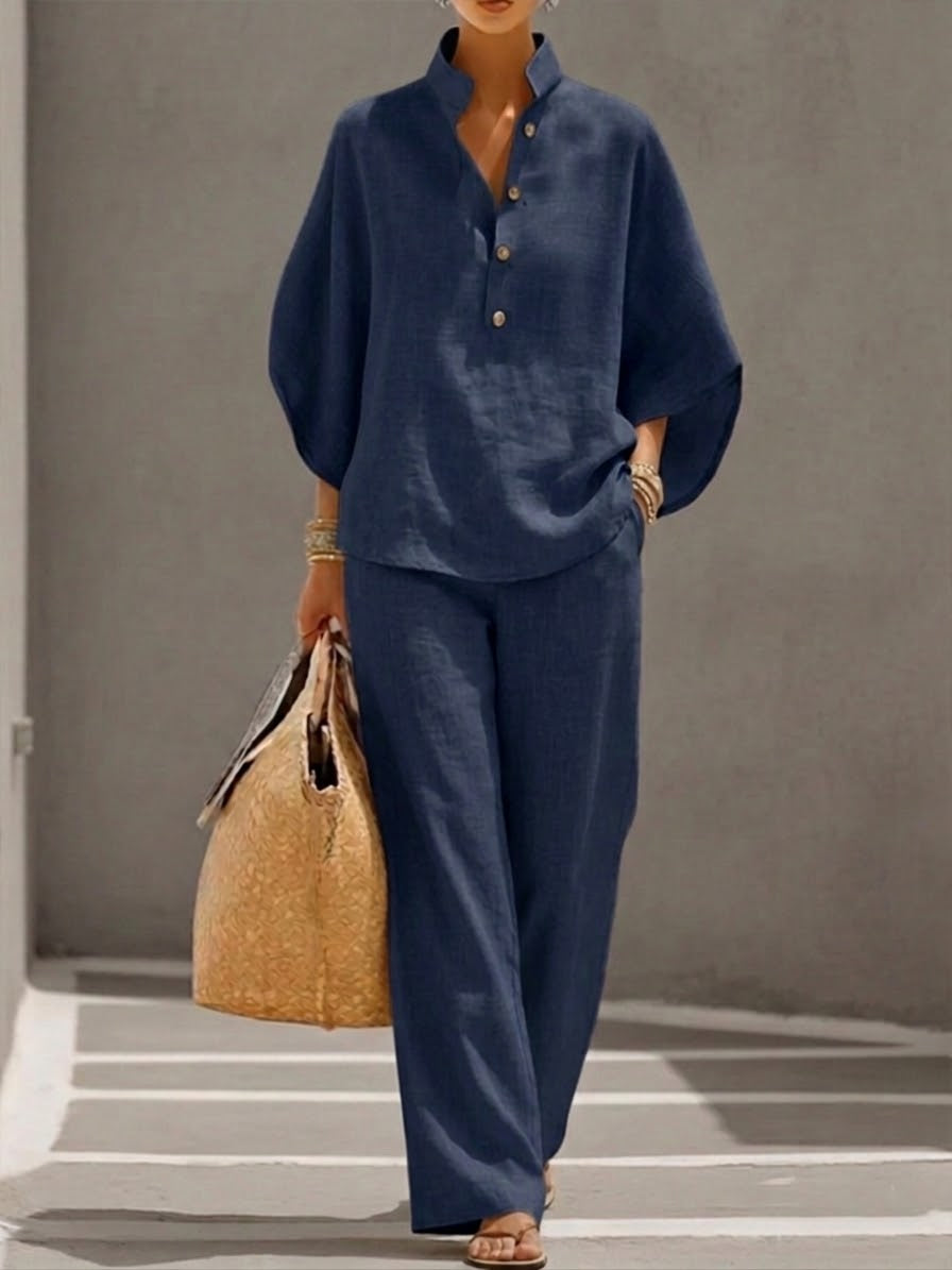 VELLORÉ | Conjunto de algodón y lino con mangas tipo murciélago y pantalón ancho