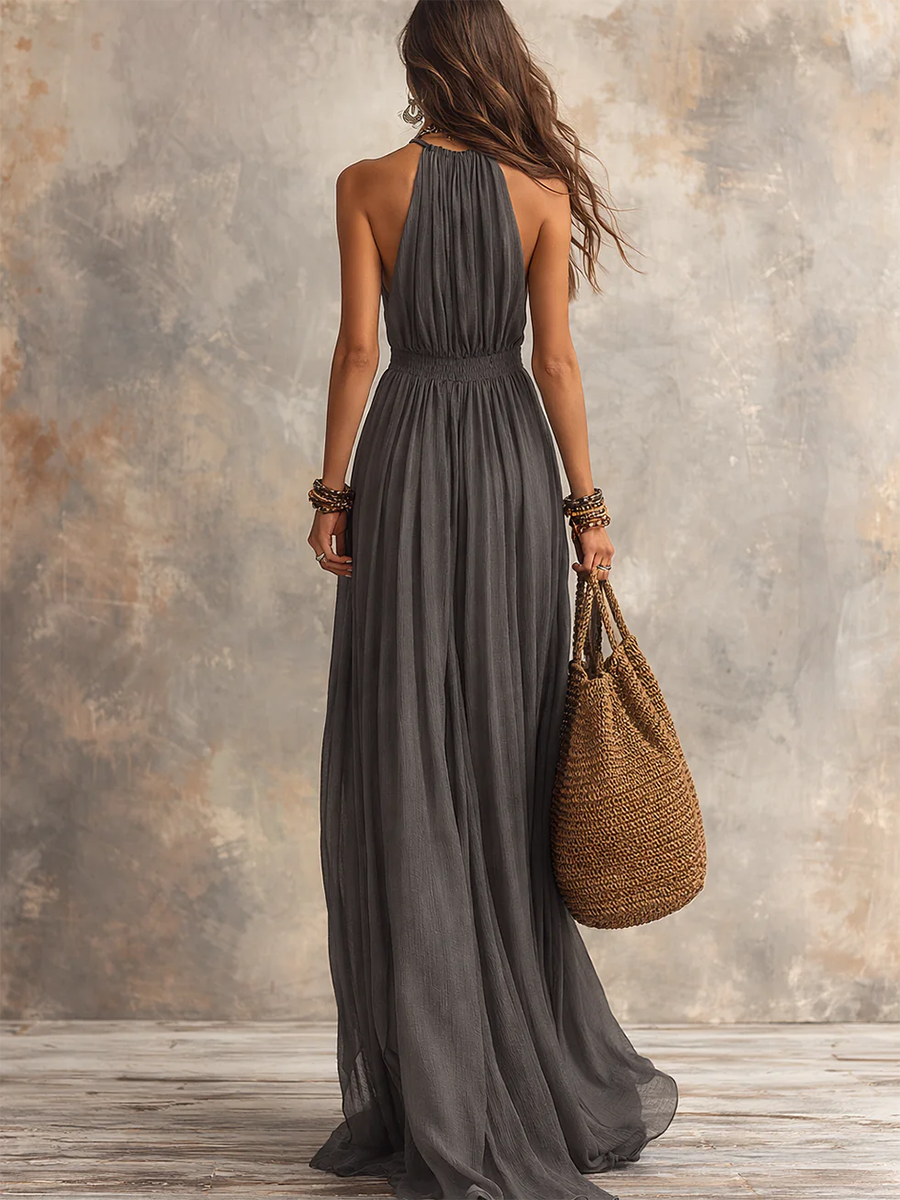 VELLORÉ | Vestido maxi de algodón-lino con cuello halter, elegante y minimalista