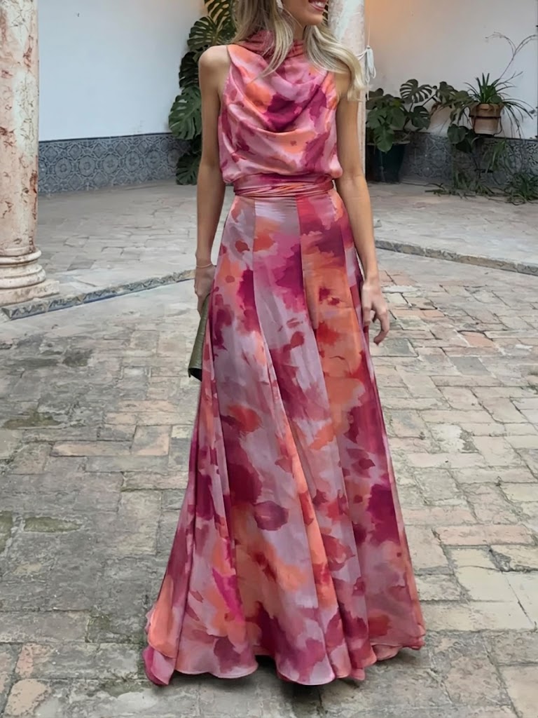 VELLORÉ | Conjunto de dos piezas: blusa de estampado artístico y falda maxi con estilo
