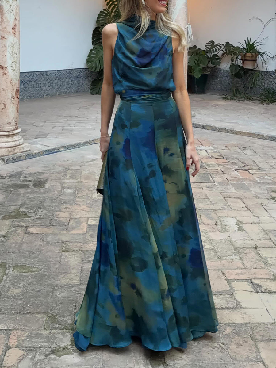 VELLORÉ | Conjunto de dos piezas: blusa de estampado artístico y falda maxi con estilo