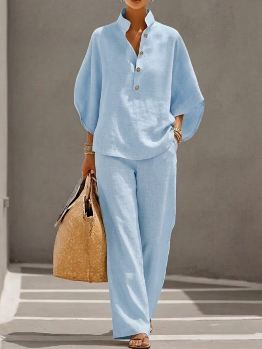 VELLORÉ | Conjunto de algodón y lino con mangas tipo murciélago y pantalón ancho