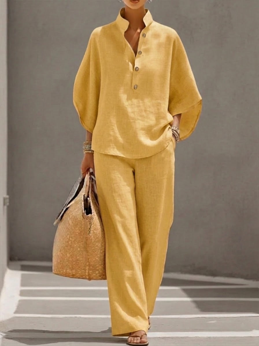 VELLORÉ | Conjunto de algodón y lino con mangas tipo murciélago y pantalón ancho