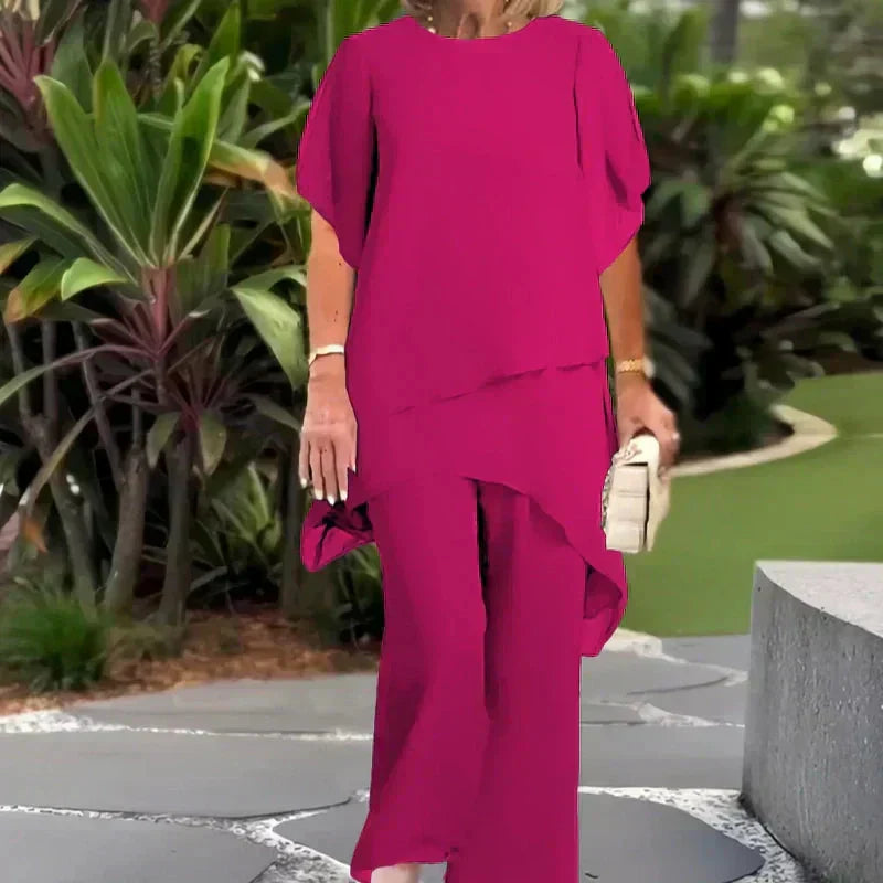VELLORÉ | Conjunto compuesto por un top irregular fascinante y pantalones de pierna ancha