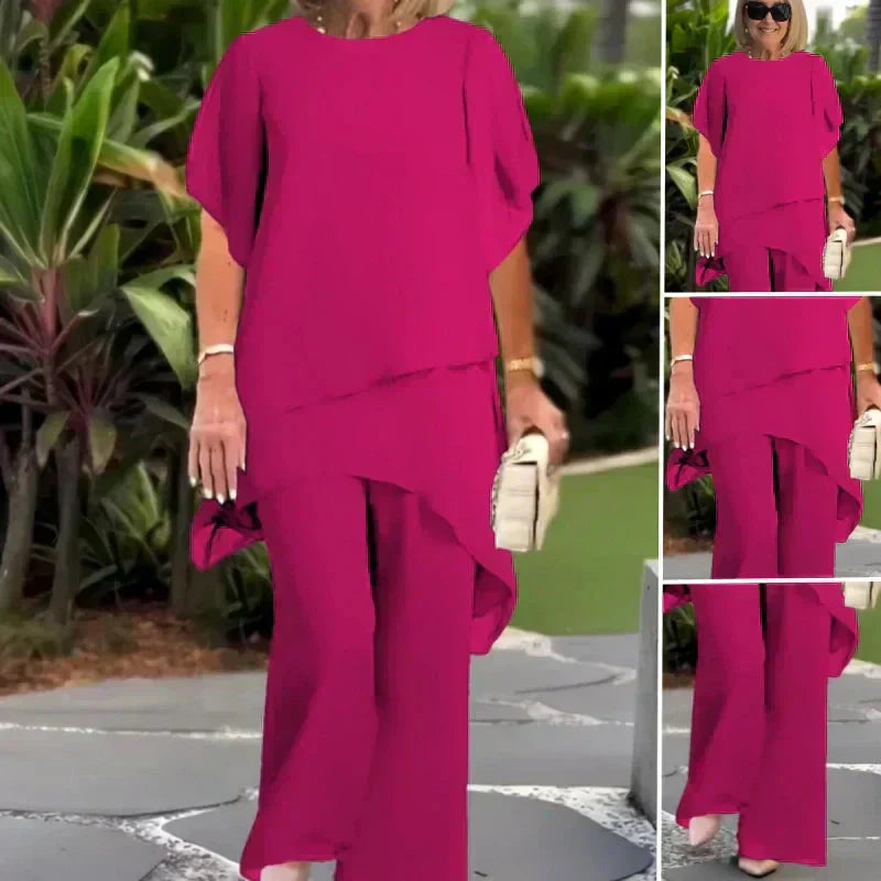 VELLORÉ | Conjunto compuesto por un top irregular fascinante y pantalones de pierna ancha