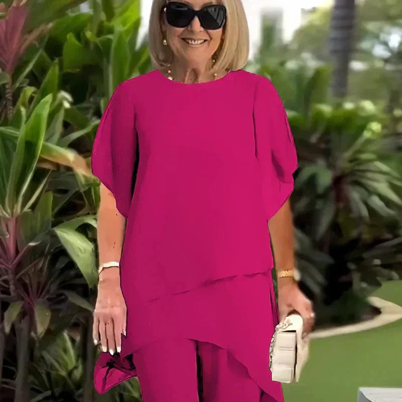 VELLORÉ | Conjunto compuesto por un top irregular fascinante y pantalones de pierna ancha