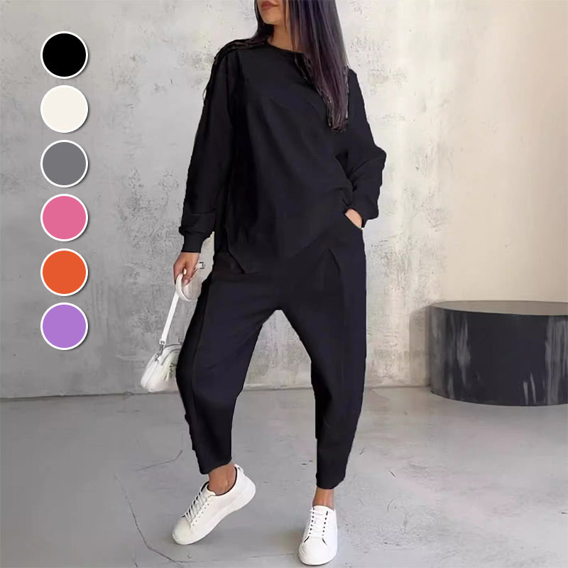 VELLORÉ | Conjunto de dos piezas para mujer: sudadera de felpa de manga larga con dobladillo asimétrico y pantalones