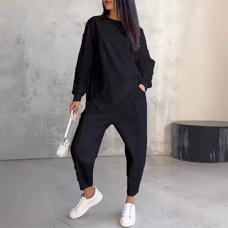 VELLORÉ | Conjunto de dos piezas para mujer: sudadera de felpa de manga larga con dobladillo asimétrico y pantalones