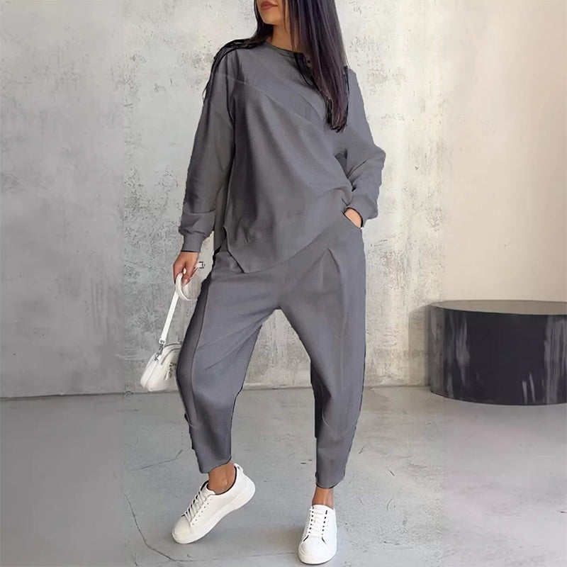VELLORÉ | Conjunto de dos piezas para mujer: sudadera de felpa de manga larga con dobladillo asimétrico y pantalones