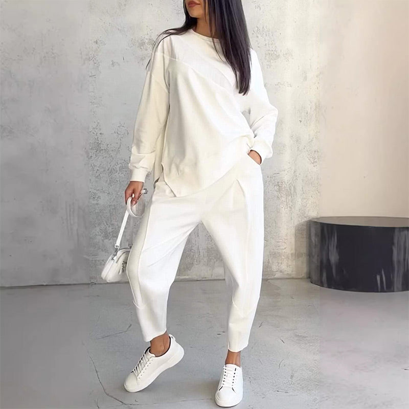 VELLORÉ | Conjunto de dos piezas para mujer: sudadera de felpa de manga larga con dobladillo asimétrico y pantalones