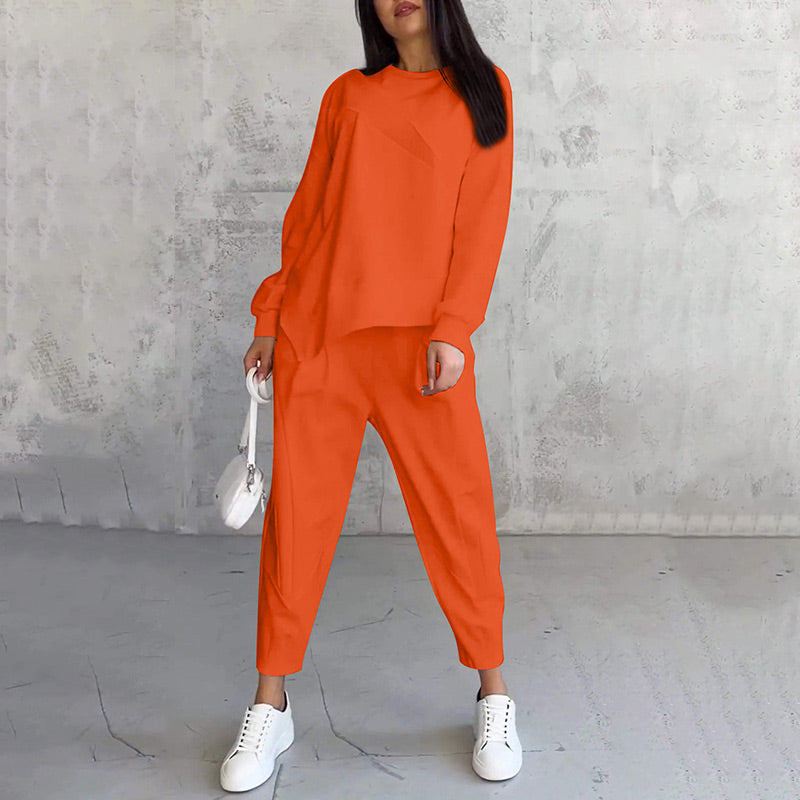 VELLORÉ | Conjunto de dos piezas para mujer: sudadera de felpa de manga larga con dobladillo asimétrico y pantalones