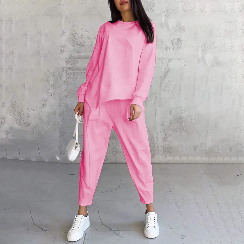 VELLORÉ | Conjunto de dos piezas para mujer: sudadera de felpa de manga larga con dobladillo asimétrico y pantalones