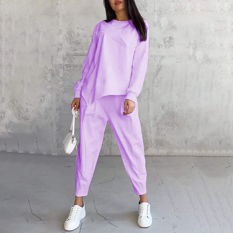 VELLORÉ | Conjunto de dos piezas para mujer: sudadera de felpa de manga larga con dobladillo asimétrico y pantalones
