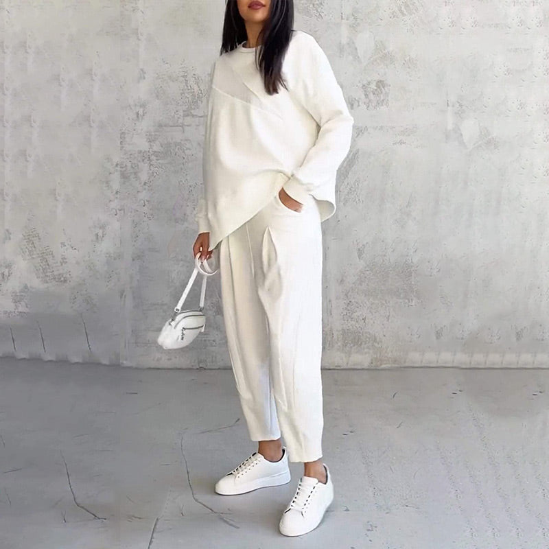 VELLORÉ | Conjunto de dos piezas para mujer: sudadera de felpa de manga larga con dobladillo asimétrico y pantalones
