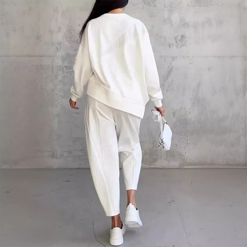 VELLORÉ | Conjunto de dos piezas para mujer: sudadera de felpa de manga larga con dobladillo asimétrico y pantalones