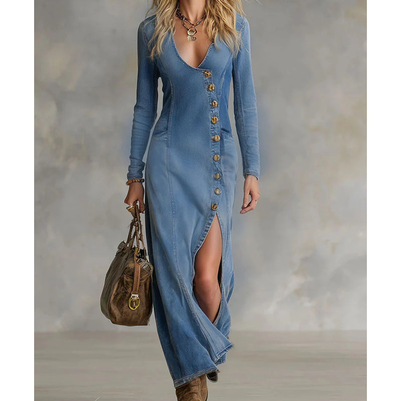 VELLORÉ | 👗 ¡DESCUENTO DEL 60%! 🔥 Vestido largo para mujer con escote en V y mangas largas - Tejido suave, ajuste entallado y abertura alta 💫💃