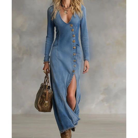 VELLORÉ | 👗 ¡DESCUENTO DEL 60%! 🔥 Vestido largo para mujer con escote en V y mangas largas - Tejido suave, ajuste entallado y abertura alta 💫💃
