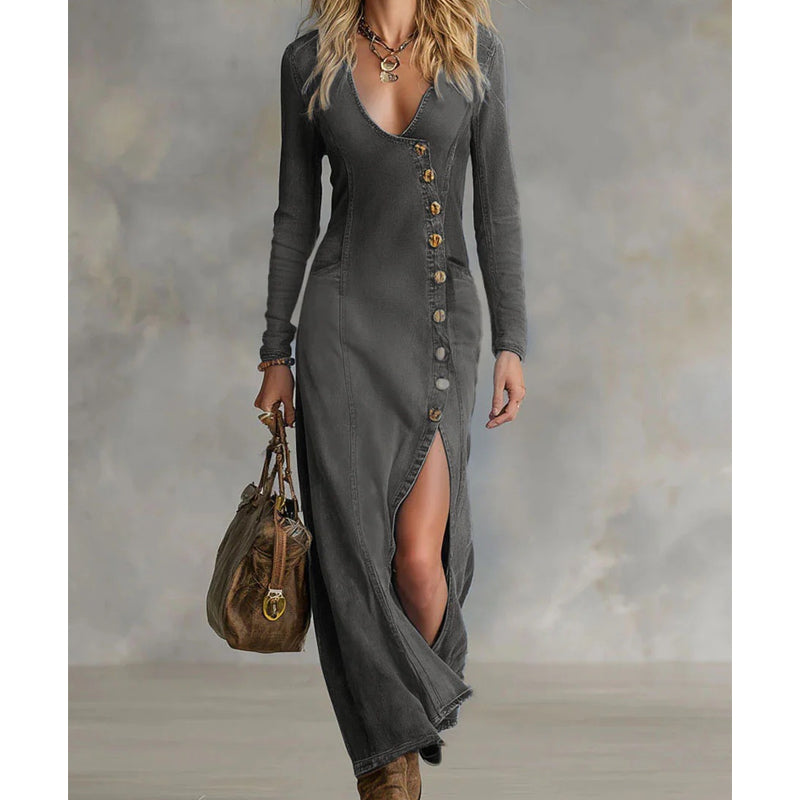 VELLORÉ | 👗 ¡DESCUENTO DEL 60%! 🔥 Vestido largo para mujer con escote en V y mangas largas - Tejido suave, ajuste entallado y abertura alta 💫💃