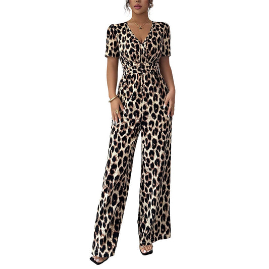 VELLORÉ | 🎁Novedad: 50 % de descuento 💥 Mono con escote en V y piernas anchas, estampado de leopardo