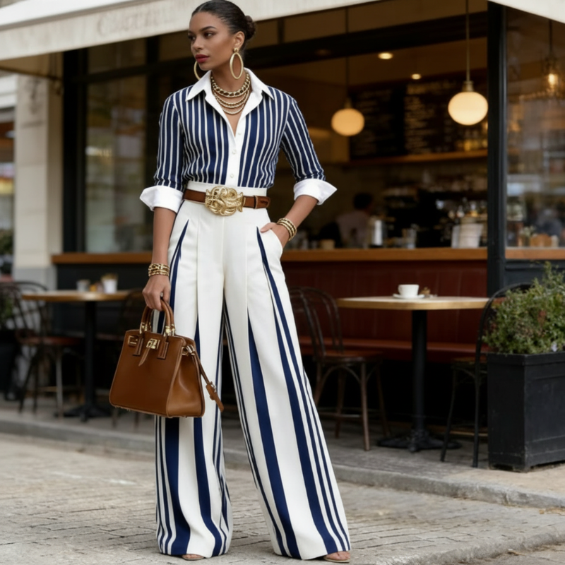VELLORÉ | Conjunto de 2 piezas para mujer: camisa a rayas y pantalón ancho
