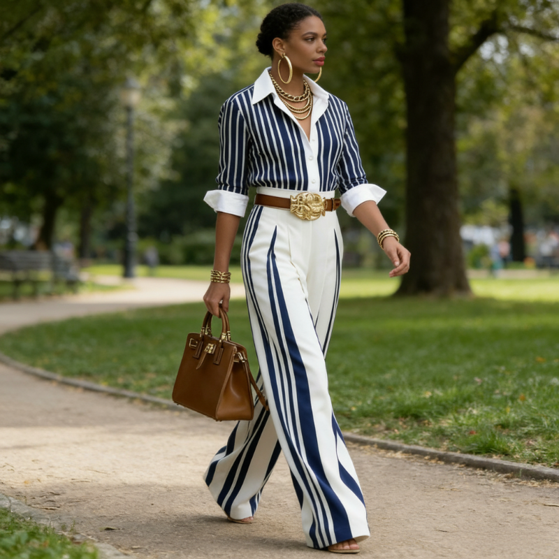 VELLORÉ | Conjunto de 2 piezas para mujer: camisa a rayas y pantalón ancho