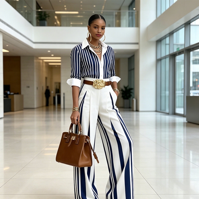 VELLORÉ | Conjunto de 2 piezas para mujer: camisa a rayas y pantalón ancho