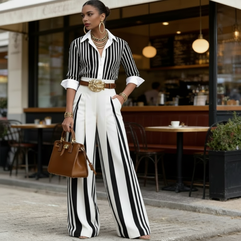 VELLORÉ | Conjunto de 2 piezas para mujer: camisa a rayas y pantalón ancho