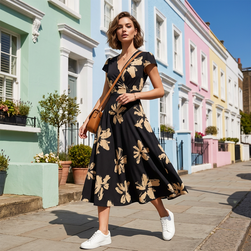 VELLORÉ | Vestido casual con estampado, escote en V y volantes para mujer