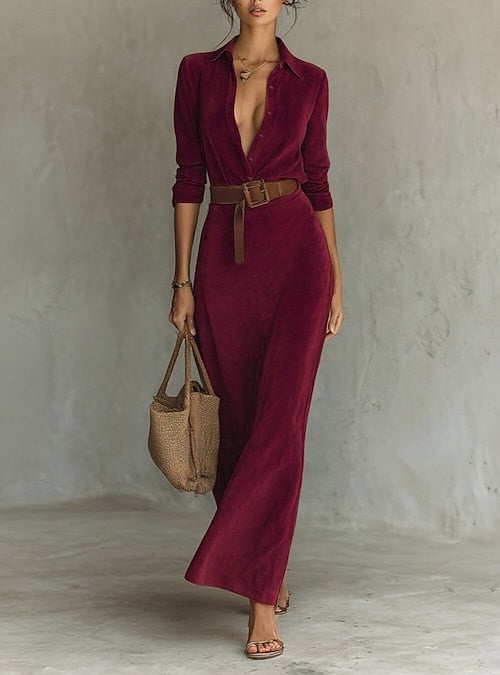 VELLORÉ | Vestido maxi de mujer con cuello tipo solapa, cierre delantero sencillo, mangas largas
